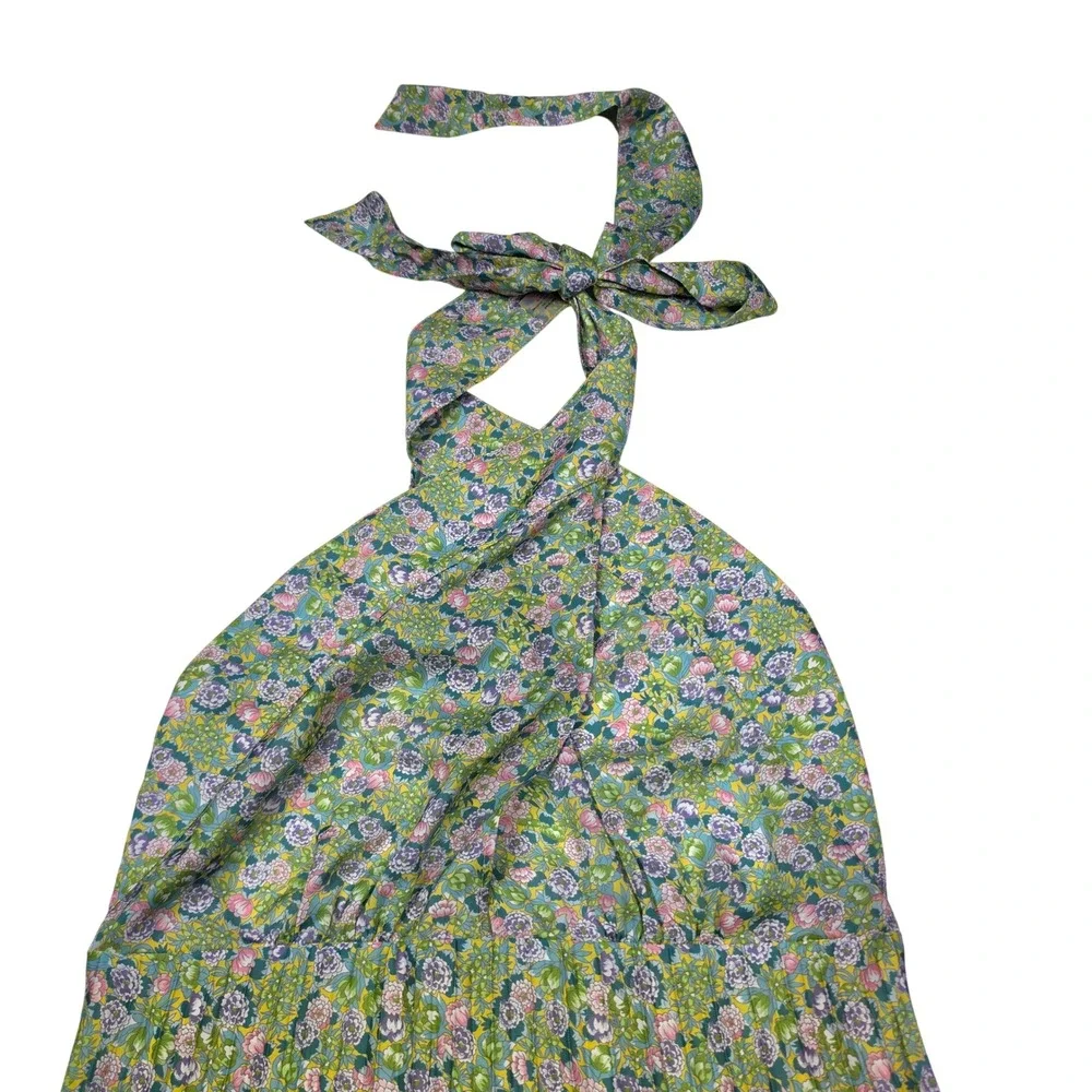ByTiMo Plisse Pleated Halterneck‎ Maxi Dress In Green Garden Open Back  Large